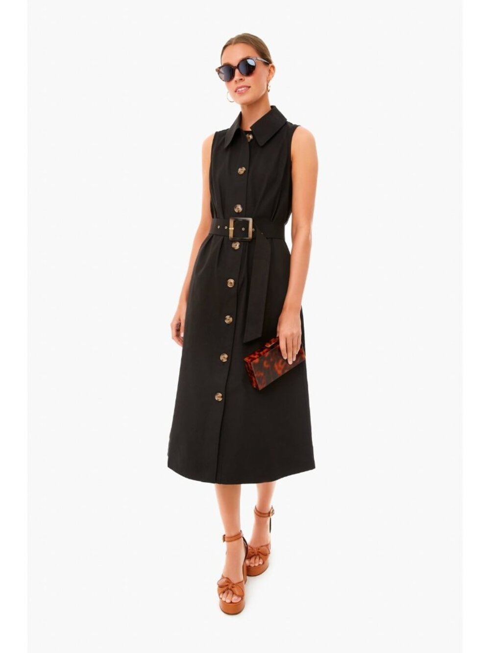 Tuckernuck Black Sleeveless Chamberlin Dress size L Midi Button Front Belt PO